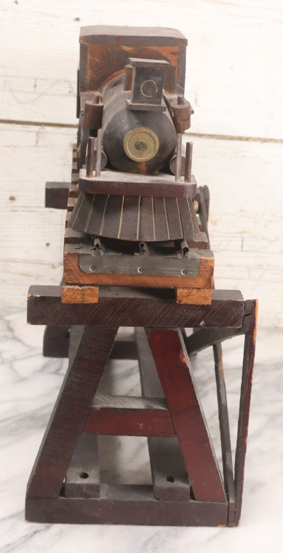 Lot 026 - Vintage Toy Train By William Mason, Baltimore & Ohio Rail Road Locomotive And Tender On Custom Built Wooden Bridge Display, Missing Some Original Components
