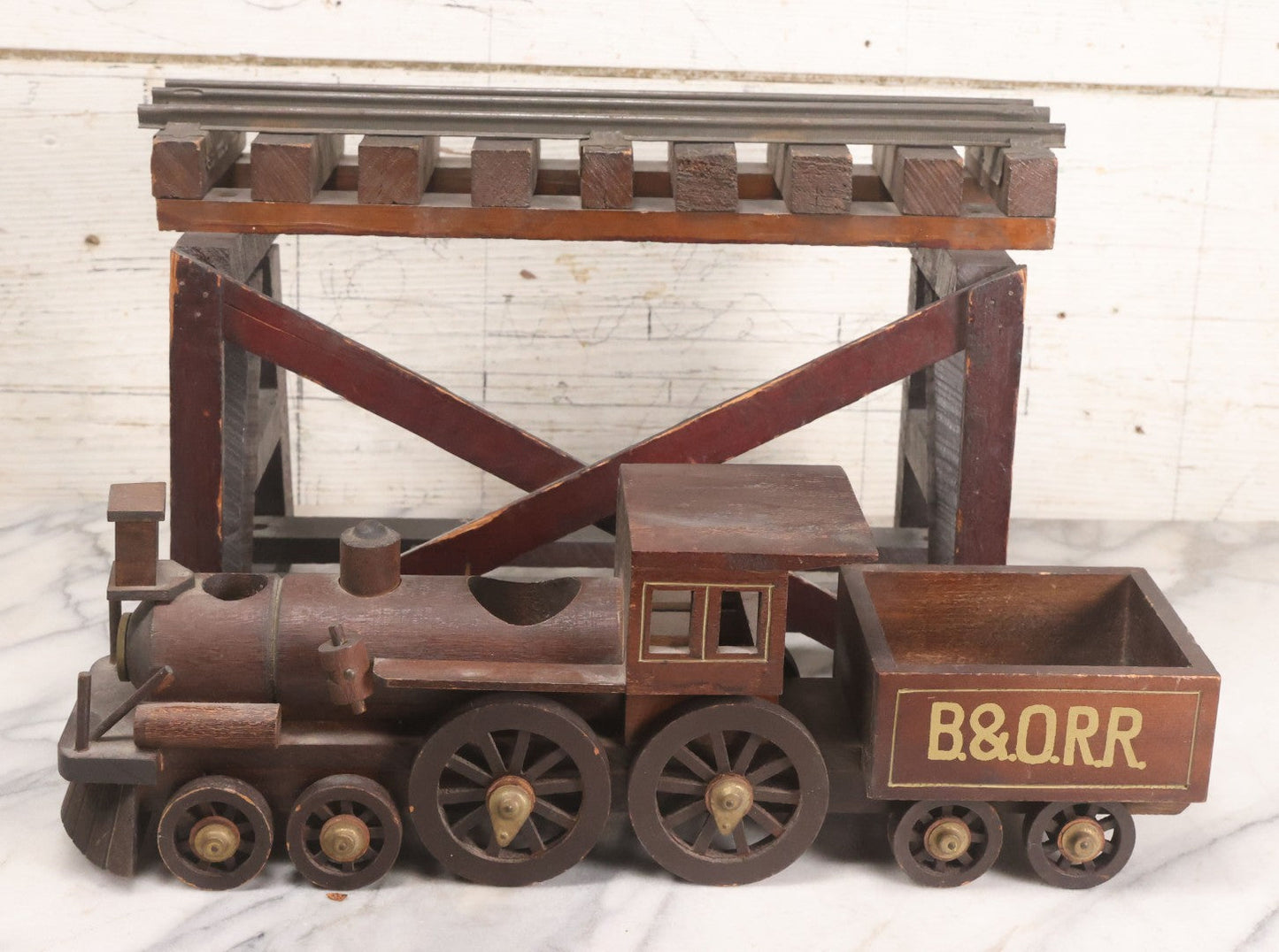 Lot 026 - Vintage Toy Train By William Mason, Baltimore & Ohio Rail Road Locomotive And Tender On Custom Built Wooden Bridge Display, Missing Some Original Components