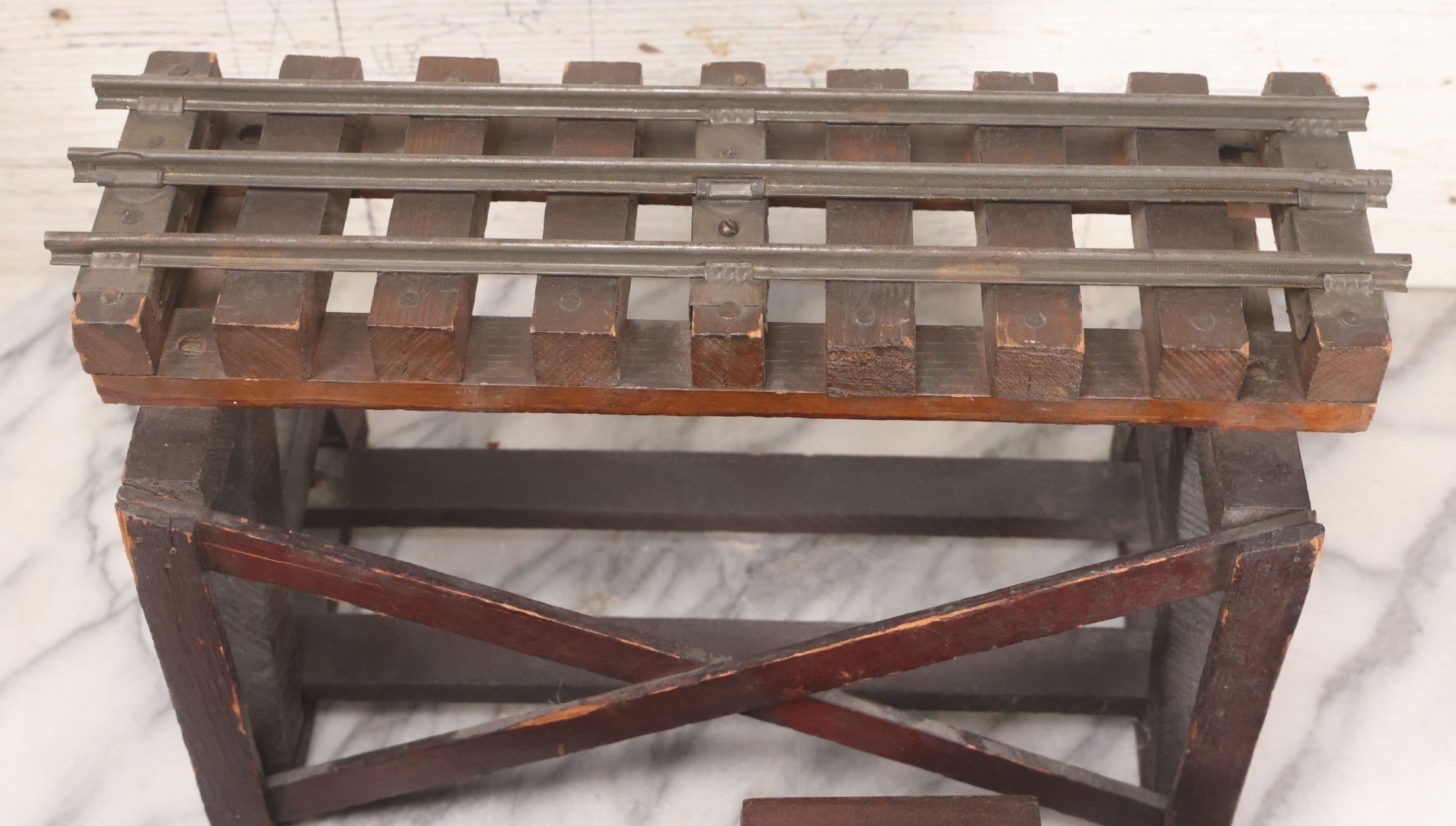 Lot 026 - Vintage Toy Train By William Mason, Baltimore & Ohio Rail Road Locomotive And Tender On Custom Built Wooden Bridge Display, Missing Some Original Components