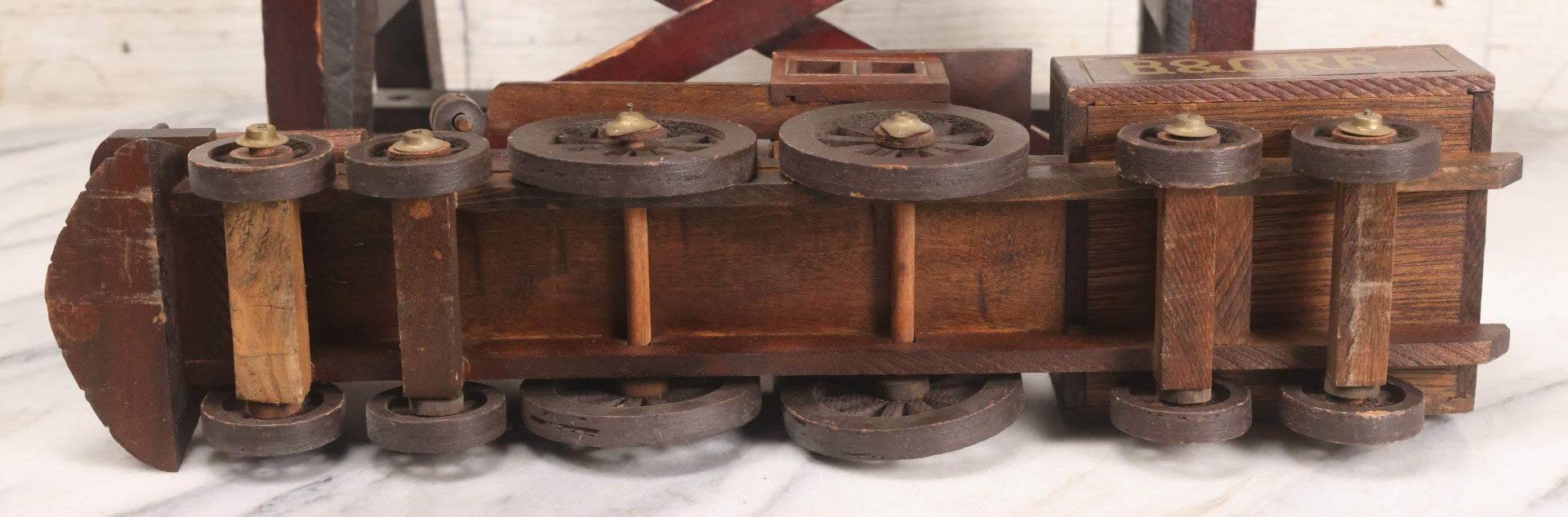 Lot 026 - Vintage Toy Train By William Mason, Baltimore & Ohio Rail Road Locomotive And Tender On Custom Built Wooden Bridge Display, Missing Some Original Components