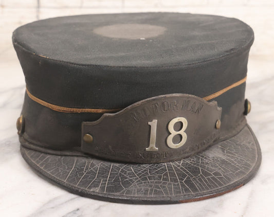 Lot 027 - Antique Orange County Traction Company Trolley Railroad Motorman Hat Number 18 With Leather Badge, Metal Numbers, And Brass Eagle Buttons, Newburgh, New York, Circa Early 20th Century