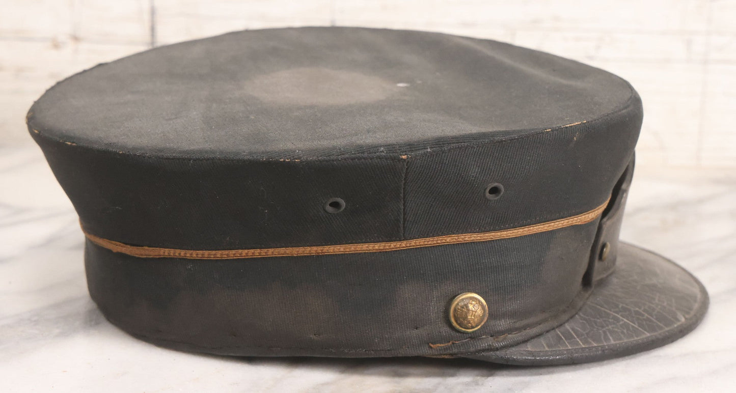 Lot 027 - Antique Orange County Traction Company Trolley Railroad Motorman Hat Number 18 With Leather Badge, Metal Numbers, And Brass Eagle Buttons, Newburgh, New York, Circa Early 20th Century