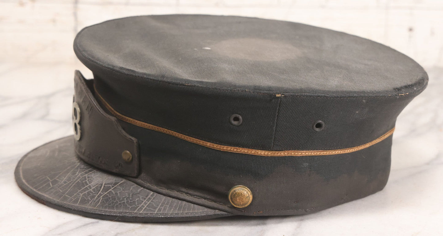 Lot 027 - Antique Orange County Traction Company Trolley Railroad Motorman Hat Number 18 With Leather Badge, Metal Numbers, And Brass Eagle Buttons, Newburgh, New York, Circa Early 20th Century