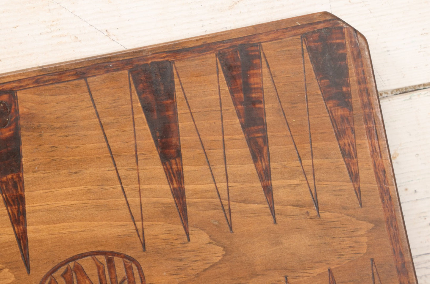 Lot 028 - Vintage University Of New Hampshire Folk Art Pyrography Backgammon Board, 15-7/8" x 11-1/4"