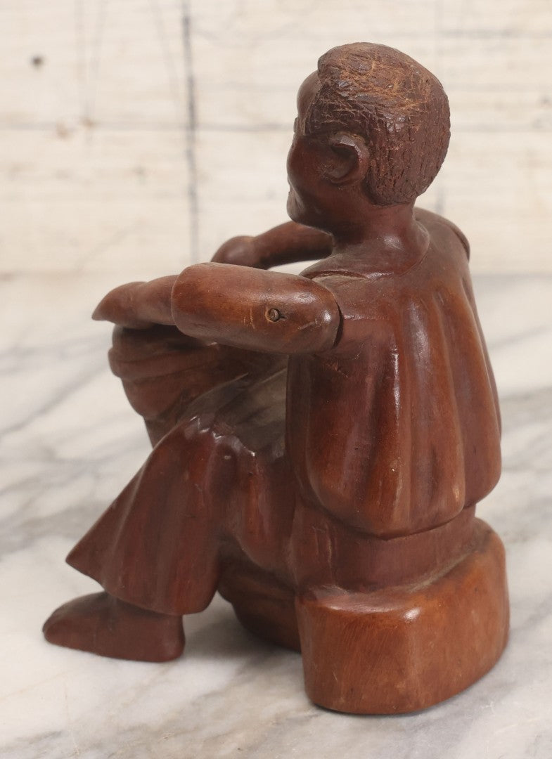 Lot 029 - Vintage Folk Art Carved Wood Figure With Posable Arms Depicting A Seated Man With Drum, 6-1/4" H