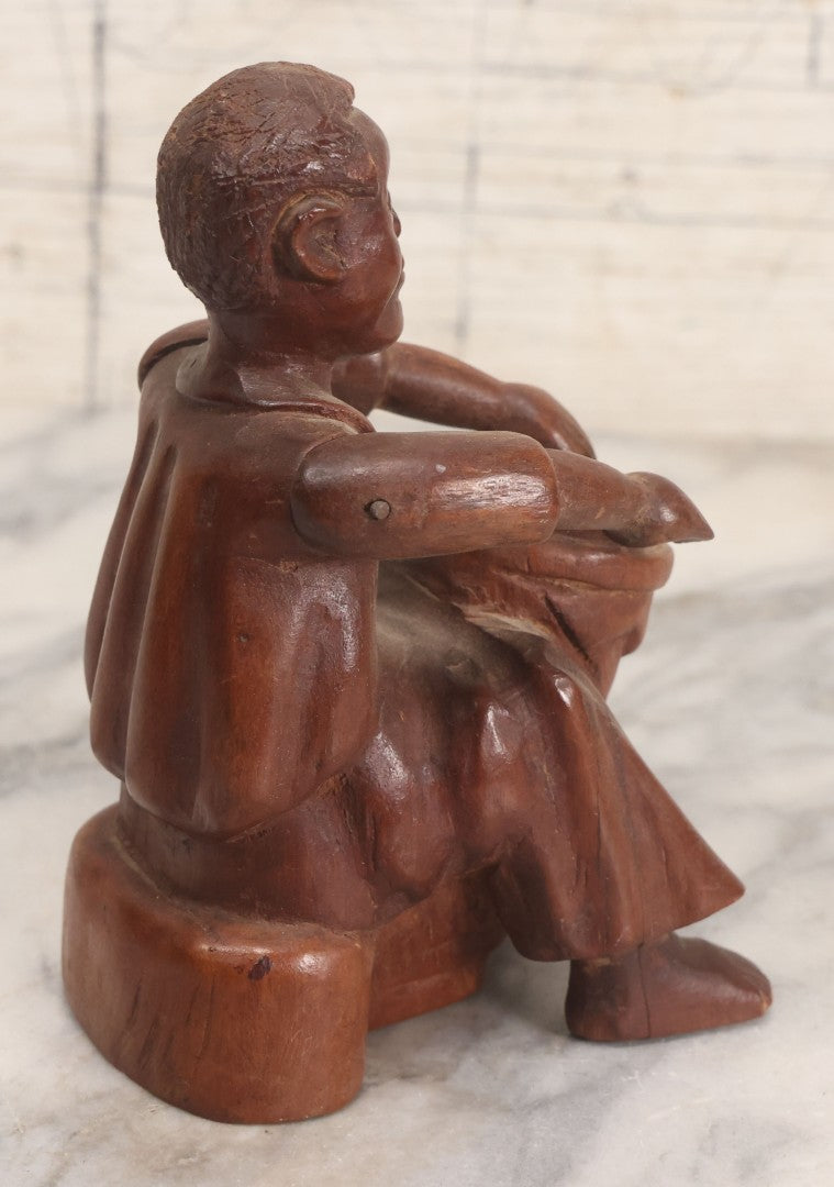 Lot 029 - Vintage Folk Art Carved Wood Figure With Posable Arms Depicting A Seated Man With Drum, 6-1/4" H