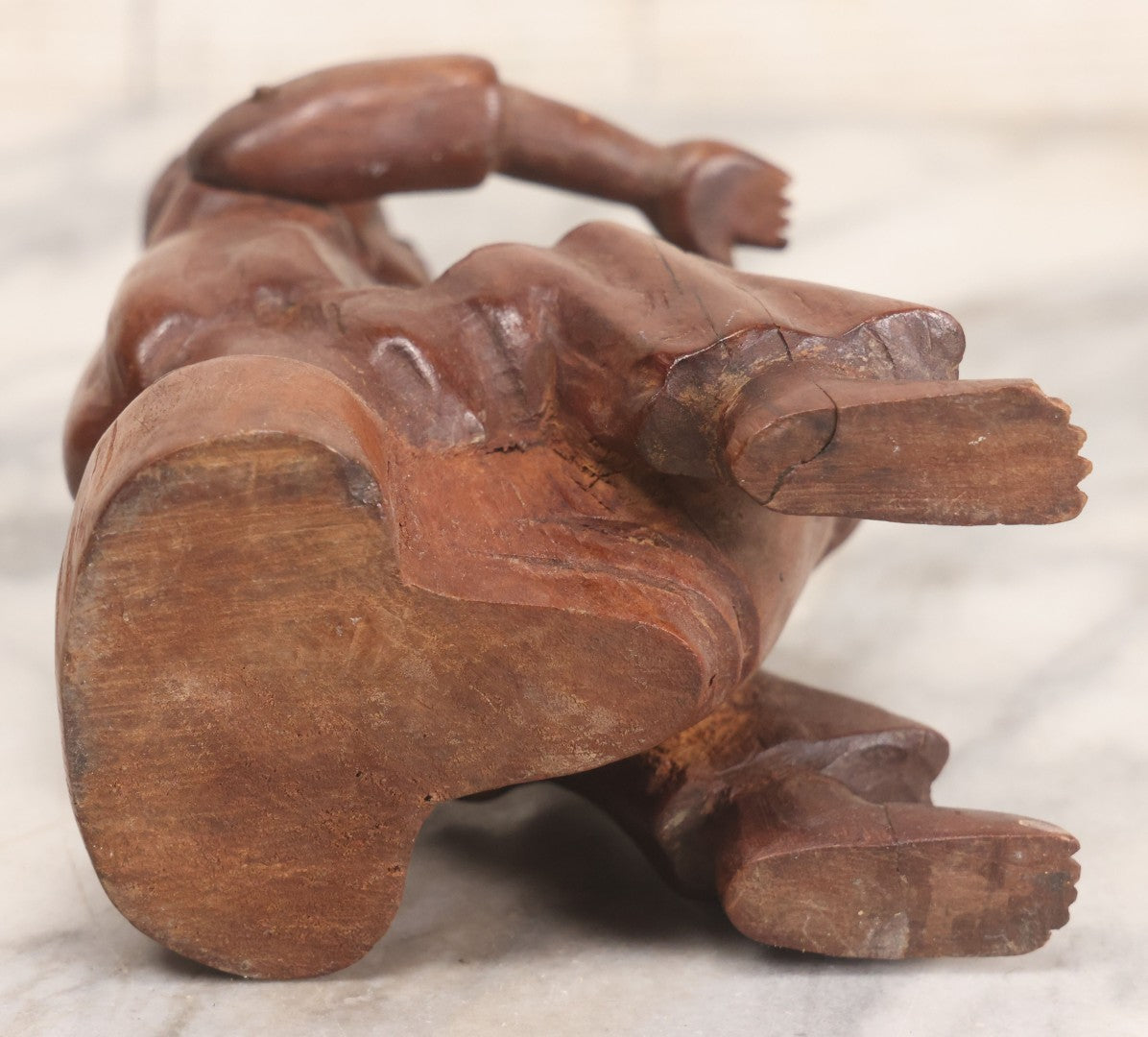 Lot 029 - Vintage Folk Art Carved Wood Figure With Posable Arms Depicting A Seated Man With Drum, 6-1/4" H