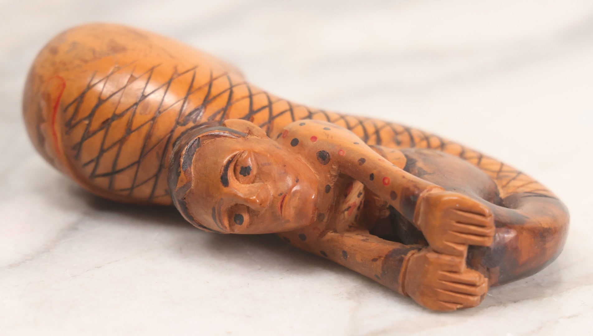 Lot 031 - Vintage Folk Art Carved Wood Cane Topper Depicting A Frightened Man Riding A Serpent, 4" H