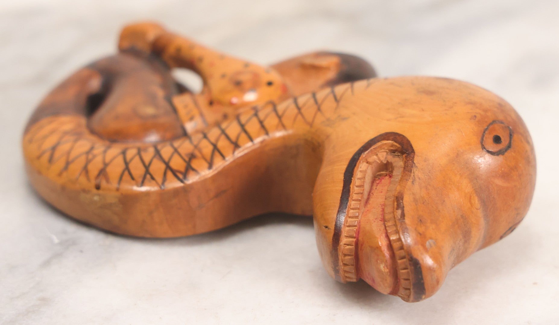 Lot 031 - Vintage Folk Art Carved Wood Cane Topper Depicting A Frightened Man Riding A Serpent, 4" H