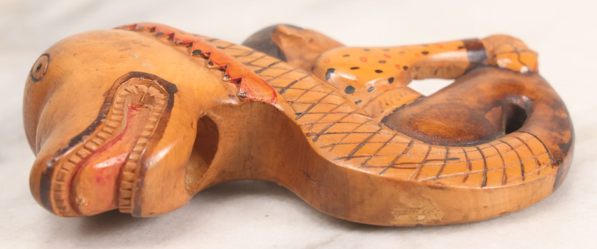 Lot 031 - Vintage Folk Art Carved Wood Cane Topper Depicting A Frightened Man Riding A Serpent, 4" H