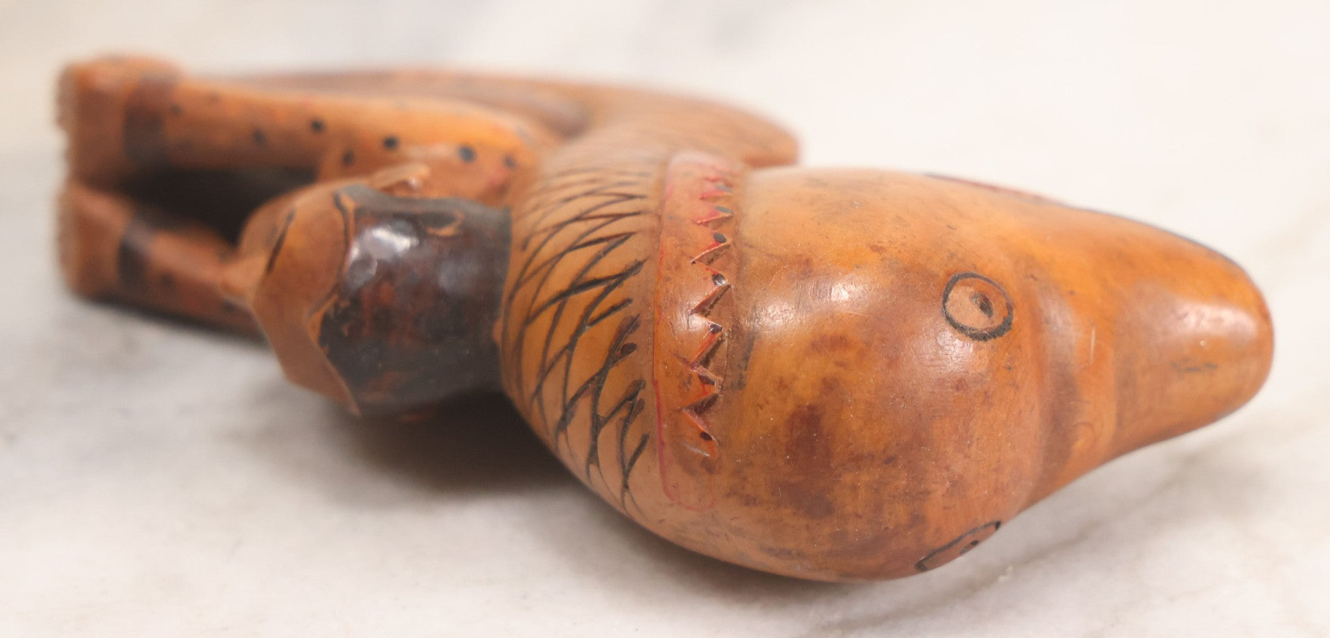 Lot 031 - Vintage Folk Art Carved Wood Cane Topper Depicting A Frightened Man Riding A Serpent, 4" H