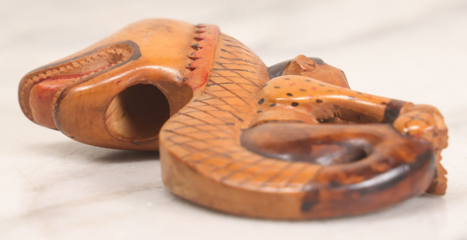 Lot 031 - Vintage Folk Art Carved Wood Cane Topper Depicting A Frightened Man Riding A Serpent, 4" H