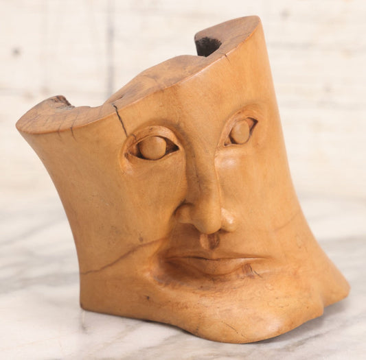 Lot 032 - Vintage Surrealist Carved Wood Branch Sculpture Depicting Two Faces, Signed And Dated 1984, 5-1/4" H