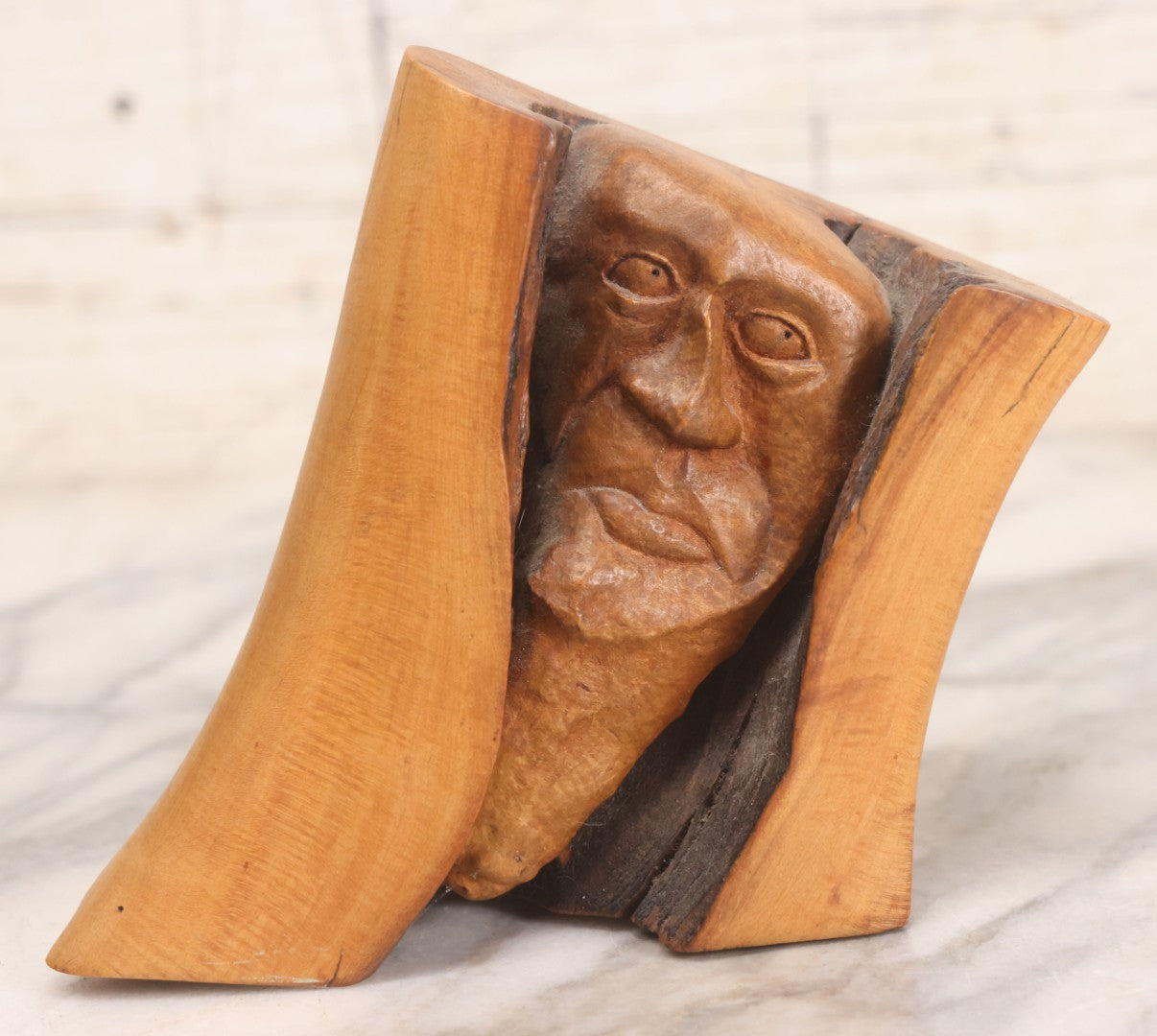 Lot 032 - Vintage Surrealist Carved Wood Branch Sculpture Depicting Two Faces, Signed And Dated 1984, 5-1/4" H