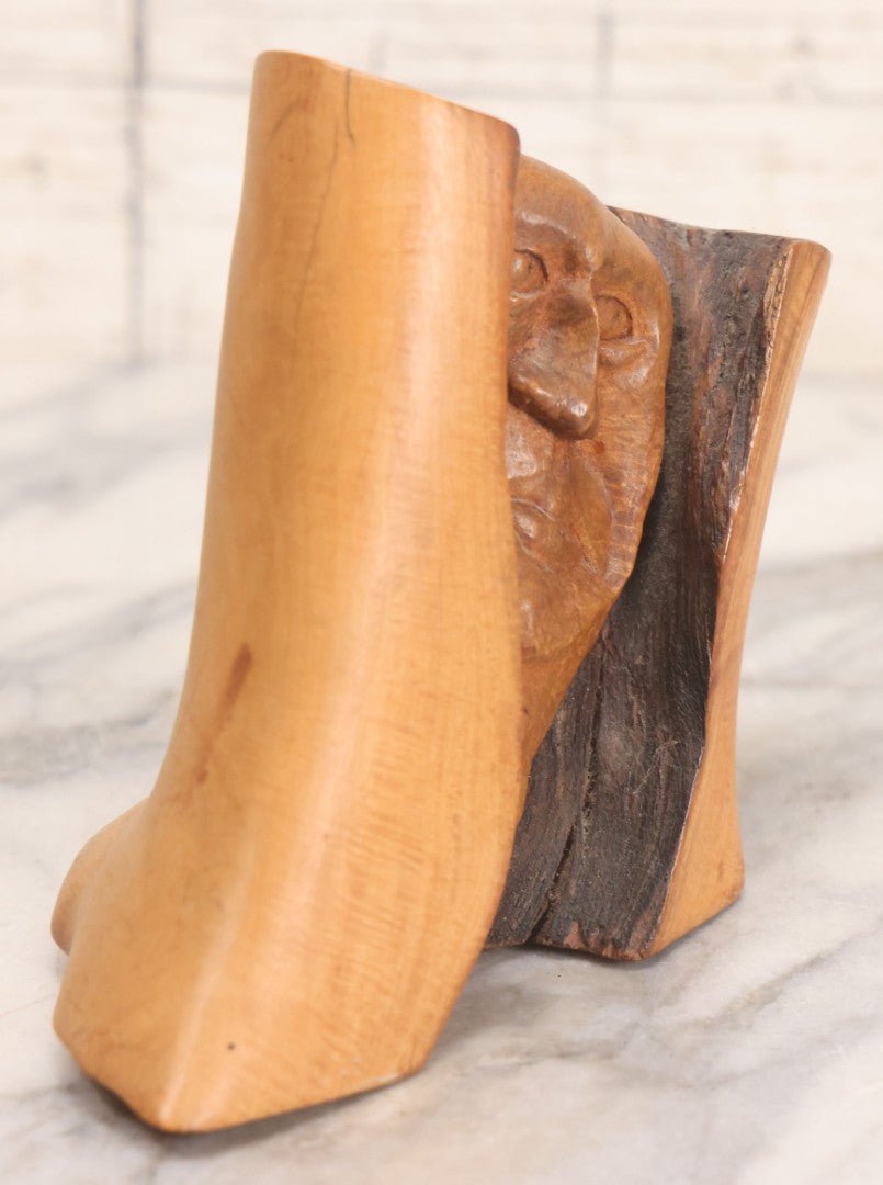 Lot 032 - Vintage Surrealist Carved Wood Branch Sculpture Depicting Two Faces, Signed And Dated 1984, 5-1/4" H