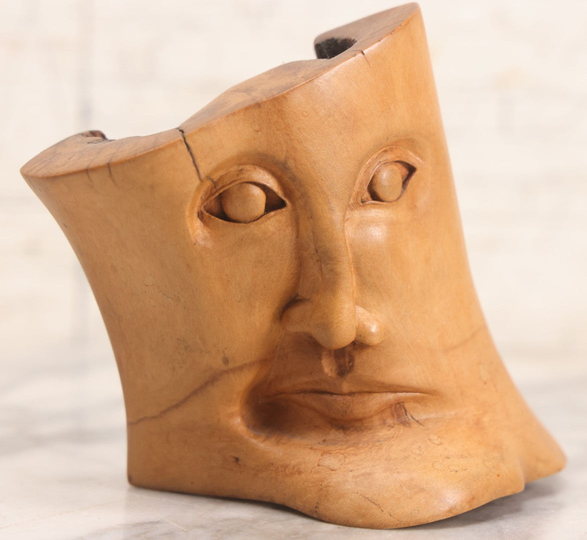 Lot 032 - Vintage Surrealist Carved Wood Branch Sculpture Depicting Two Faces, Signed And Dated 1984, 5-1/4" H