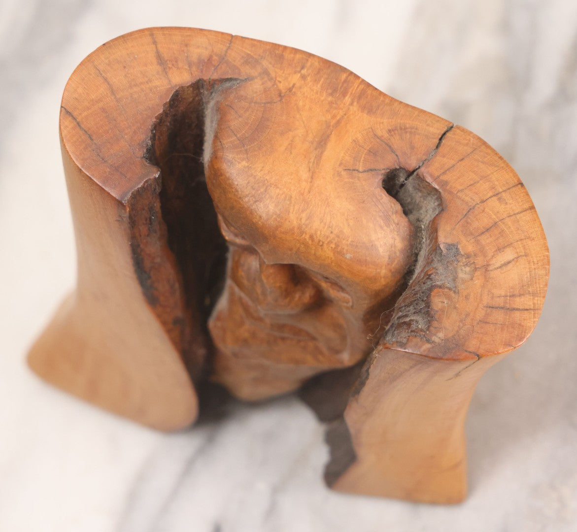 Lot 032 - Vintage Surrealist Carved Wood Branch Sculpture Depicting Two Faces, Signed And Dated 1984, 5-1/4" H