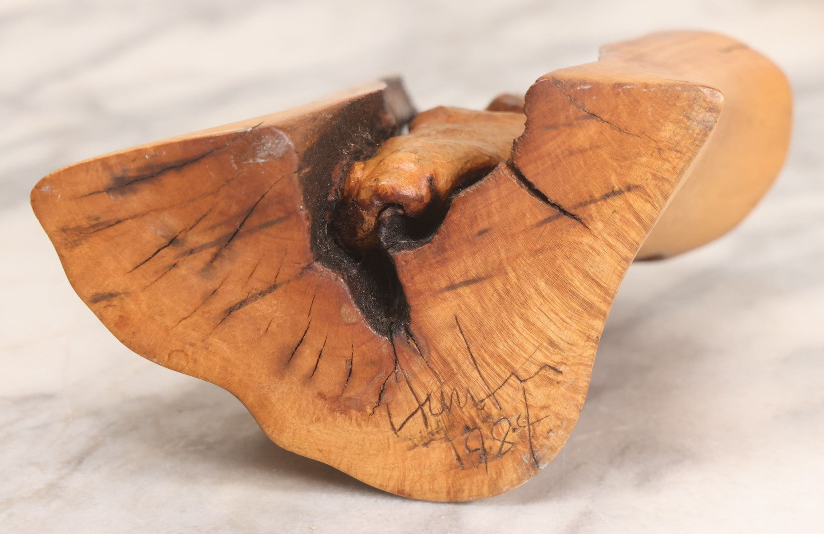 Lot 032 - Vintage Surrealist Carved Wood Branch Sculpture Depicting Two Faces, Signed And Dated 1984, 5-1/4" H