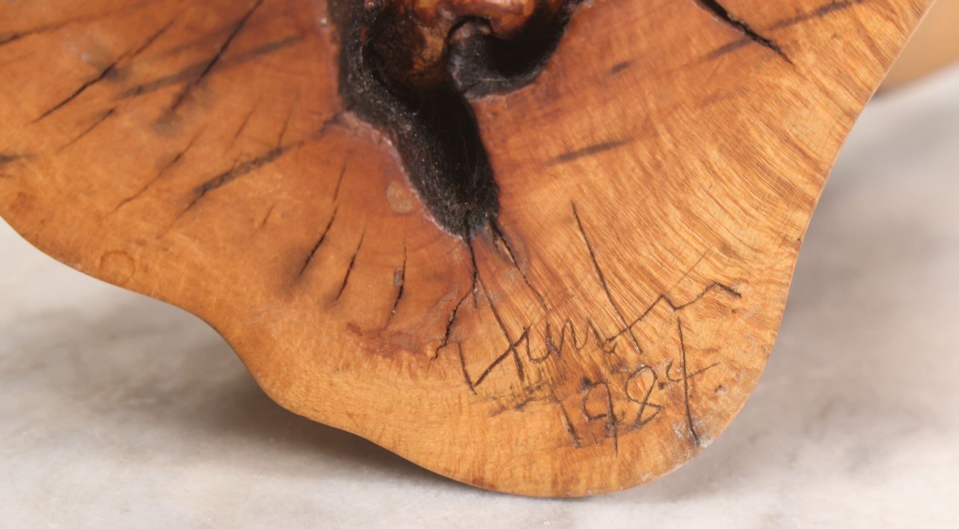 Lot 032 - Vintage Surrealist Carved Wood Branch Sculpture Depicting Two Faces, Signed And Dated 1984, 5-1/4" H