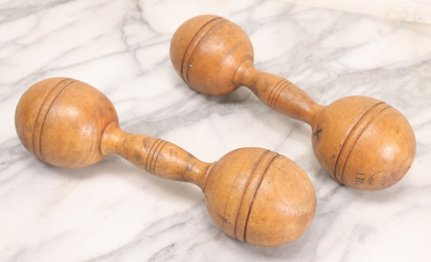 Lot 035 - Pair Of Antique Turned Wooden 1 Lb. Barbells / Exercise Dumbbells With Stenciled Weight Markings, 10" L Each