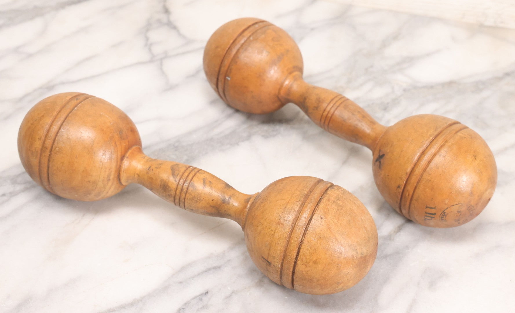 Lot 035 - Pair Of Antique Turned Wooden 1 Lb. Barbells / Exercise Dumbbells With Stenciled Weight Markings, 10" L Each