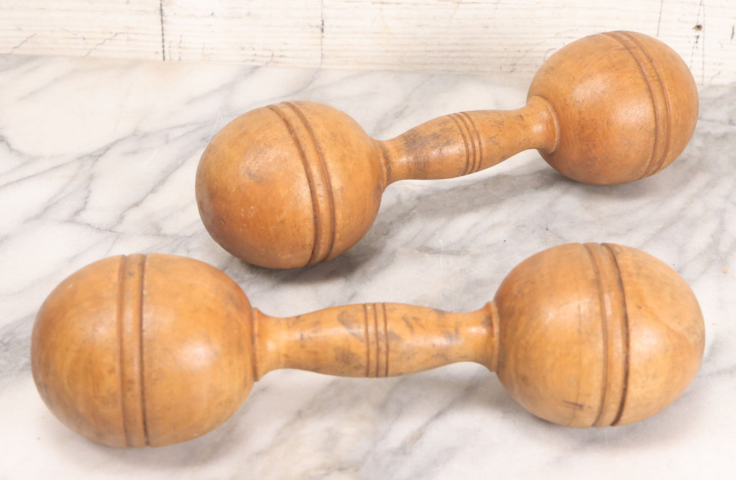 Lot 035 - Pair Of Antique Turned Wooden 1 Lb. Barbells / Exercise Dumbbells With Stenciled Weight Markings, 10" L Each
