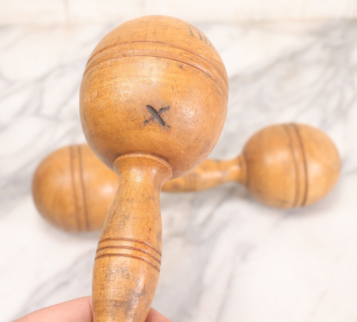 Lot 035 - Pair Of Antique Turned Wooden 1 Lb. Barbells / Exercise Dumbbells With Stenciled Weight Markings, 10" L Each