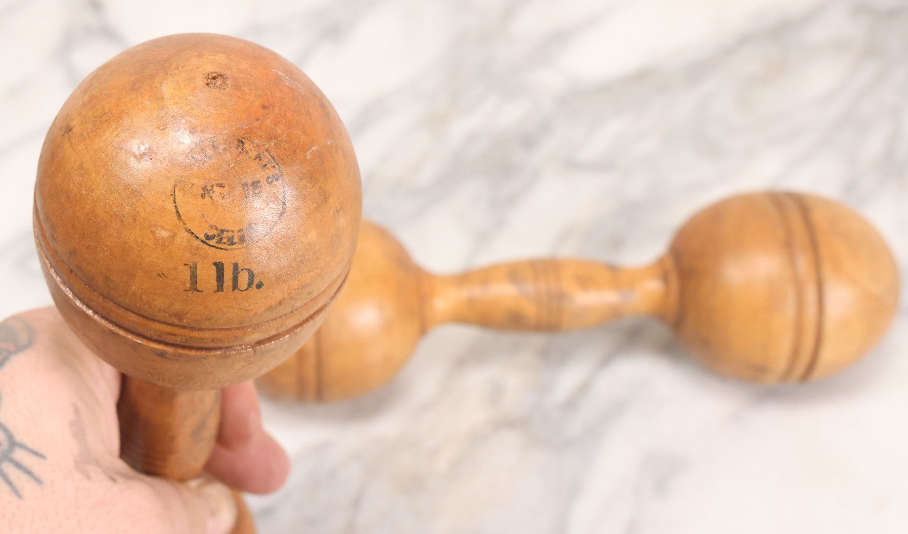 Lot 035 - Pair Of Antique Turned Wooden 1 Lb. Barbells / Exercise Dumbbells With Stenciled Weight Markings, 10" L Each