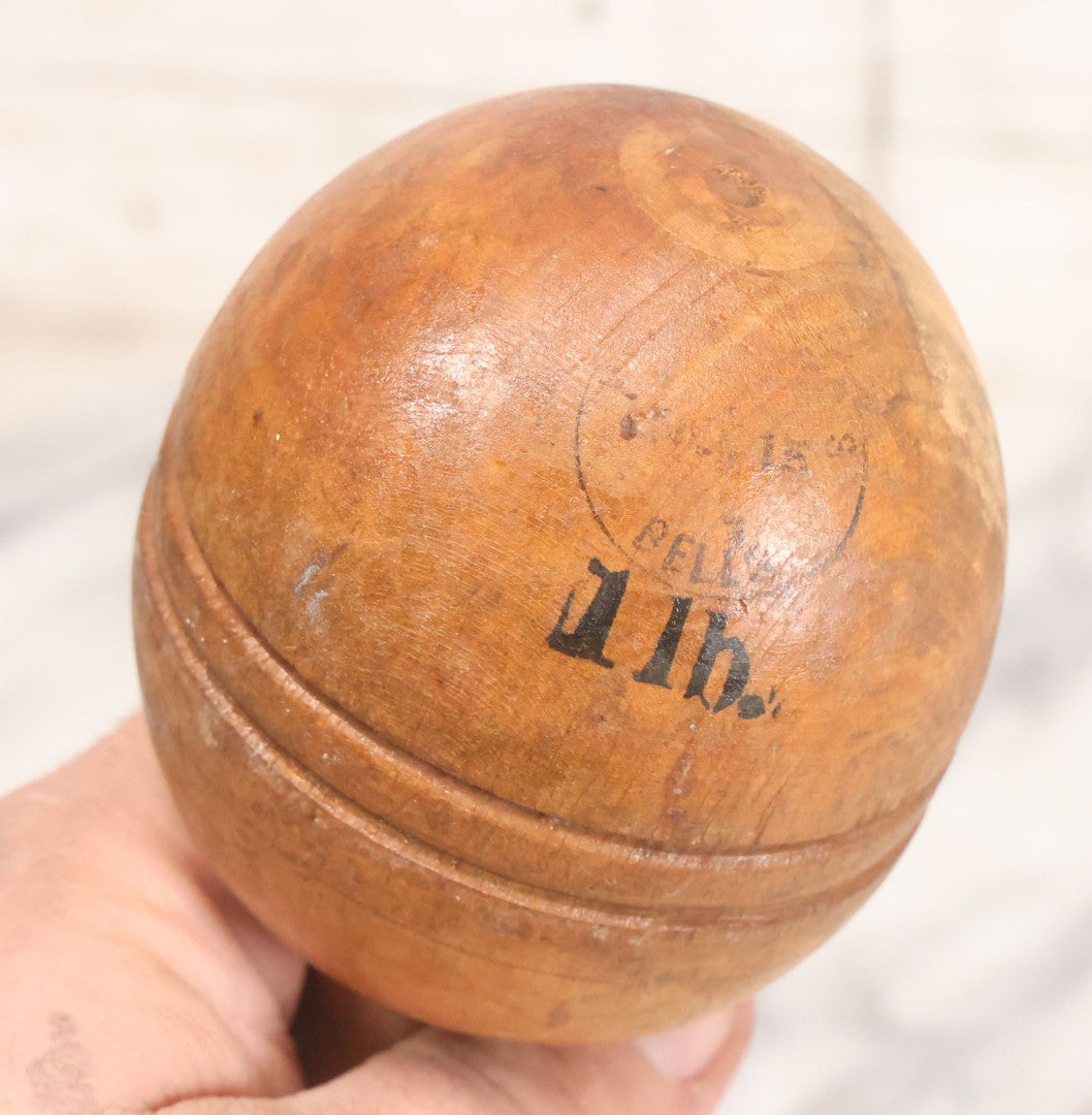 Lot 035 - Pair Of Antique Turned Wooden 1 Lb. Barbells / Exercise Dumbbells With Stenciled Weight Markings, 10" L Each