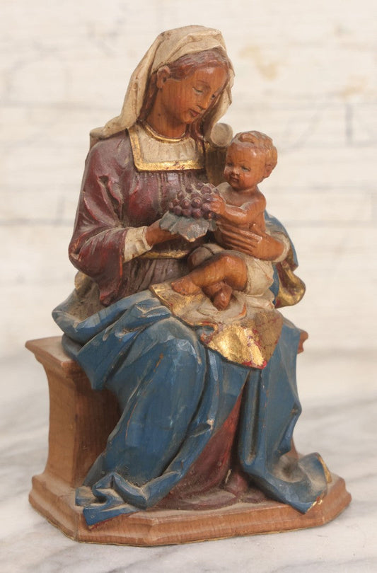 Lot 036 - Vintage Hand Carved Polychrome Wood Madonna And Child Figure With Gilt Accents, Seated, Felted Base, 6" H