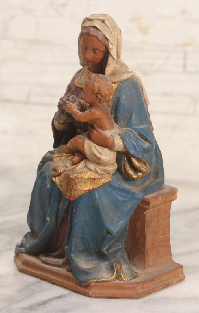 Lot 036 - Vintage Hand Carved Polychrome Wood Madonna And Child Figure With Gilt Accents, Seated, Felted Base, 6" H