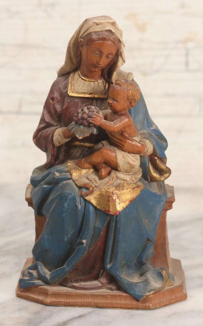 Lot 036 - Vintage Hand Carved Polychrome Wood Madonna And Child Figure With Gilt Accents, Seated, Felted Base, 6" H