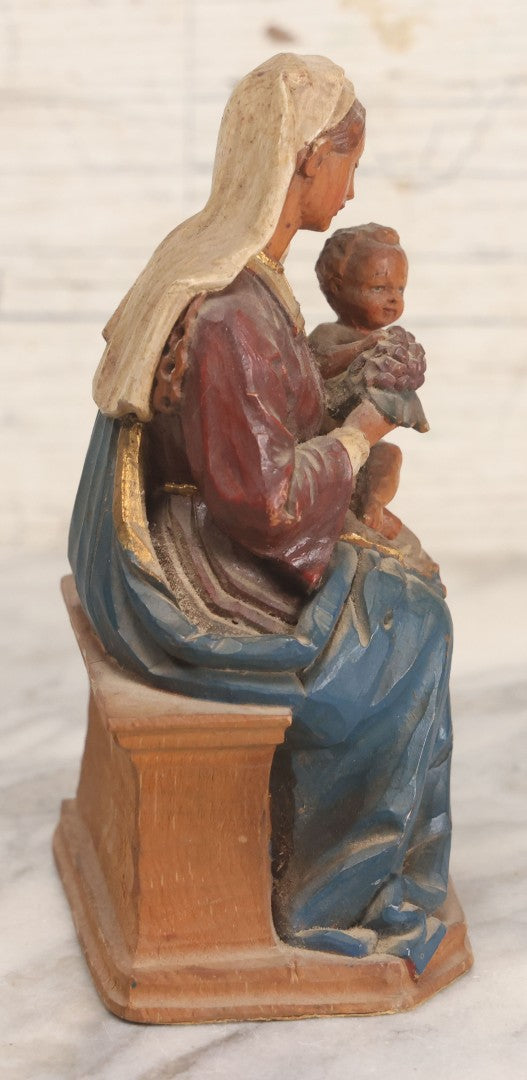 Lot 036 - Vintage Hand Carved Polychrome Wood Madonna And Child Figure With Gilt Accents, Seated, Felted Base, 6" H