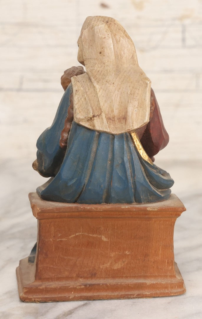 Lot 036 - Vintage Hand Carved Polychrome Wood Madonna And Child Figure With Gilt Accents, Seated, Felted Base, 6" H