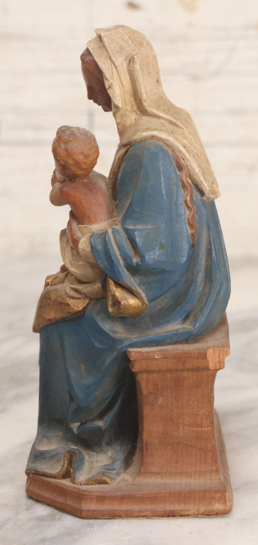 Lot 036 - Vintage Hand Carved Polychrome Wood Madonna And Child Figure With Gilt Accents, Seated, Felted Base, 6" H