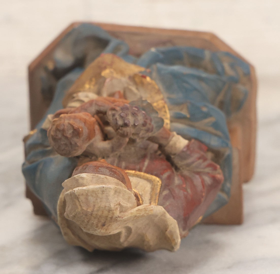 Lot 036 - Vintage Hand Carved Polychrome Wood Madonna And Child Figure With Gilt Accents, Seated, Felted Base, 6" H