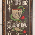 Lot 037 - Antique Victorian Framed Punchwork Embroidery Sampler With Temperance Motto "Touch Not, Taste Not, Handle Not" With Chalice, Serpent, And Floral Motifs, 10-7/8" x 23-1/4"