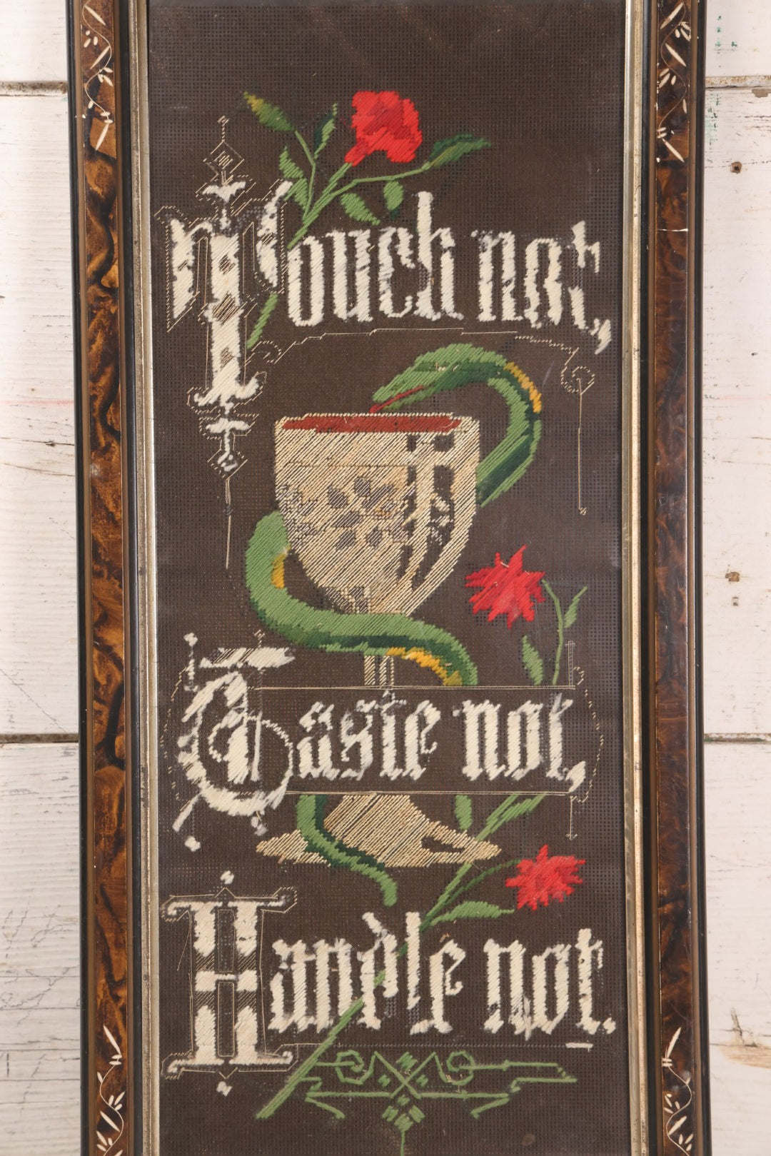 Lot 037 - Antique Victorian Framed Punchwork Embroidery Sampler With Temperance Motto "Touch Not, Taste Not, Handle Not" With Chalice, Serpent, And Floral Motifs, 10-7/8" x 23-1/4"