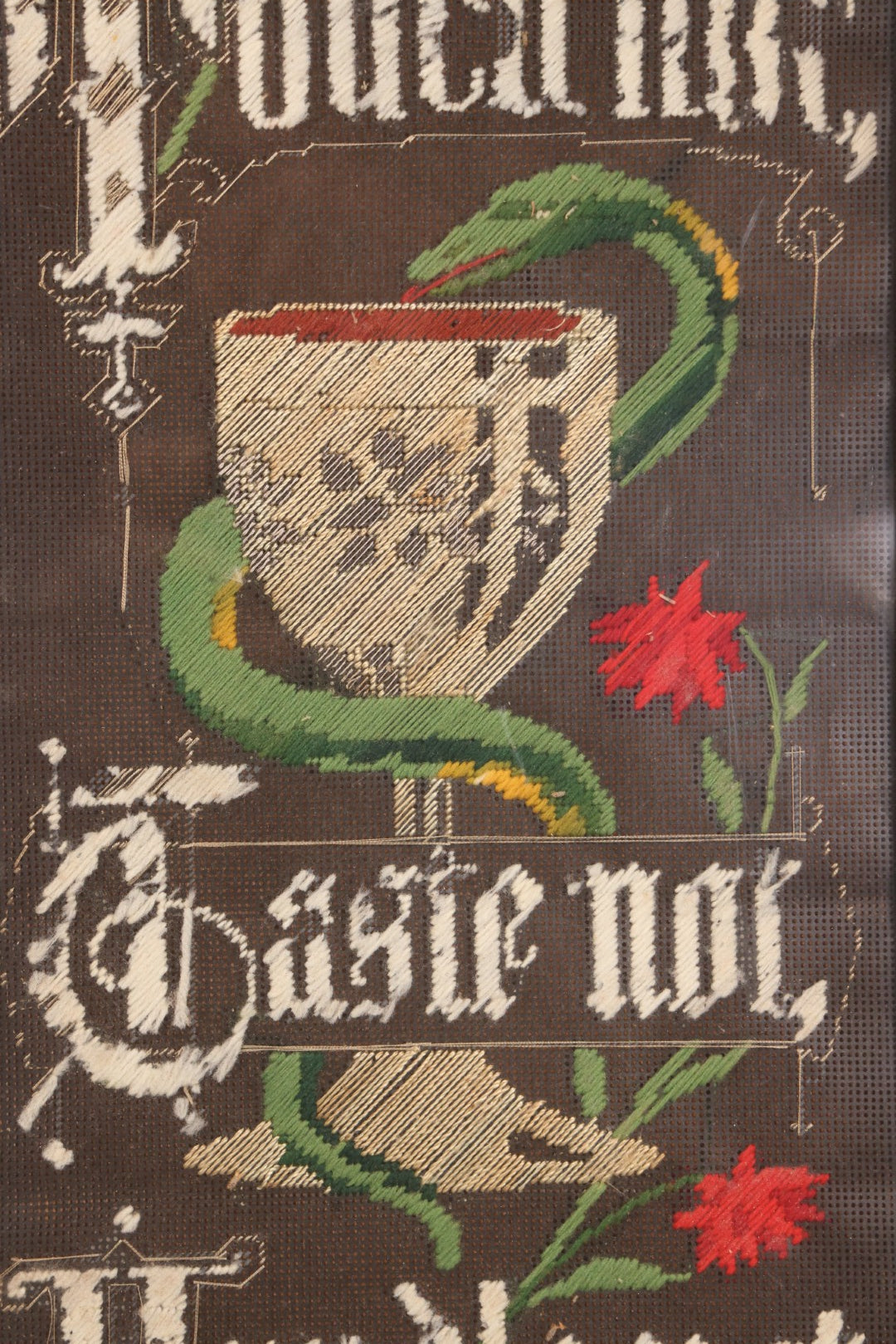 Lot 037 - Antique Victorian Framed Punchwork Embroidery Sampler With Temperance Motto "Touch Not, Taste Not, Handle Not" With Chalice, Serpent, And Floral Motifs, 10-7/8" x 23-1/4"