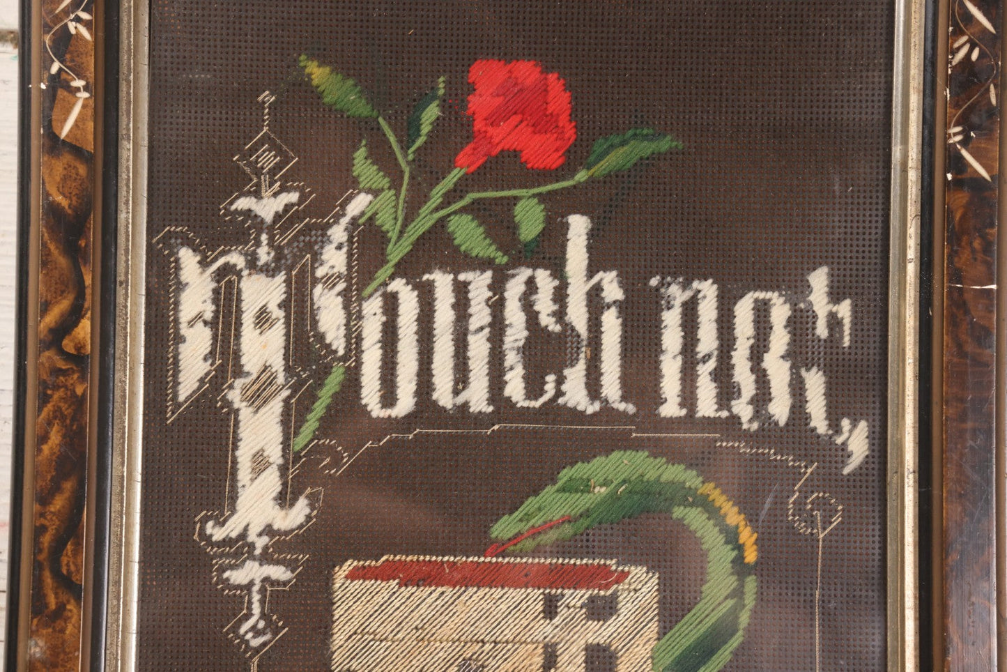 Lot 037 - Antique Victorian Framed Punchwork Embroidery Sampler With Temperance Motto "Touch Not, Taste Not, Handle Not" With Chalice, Serpent, And Floral Motifs, 10-7/8" x 23-1/4"