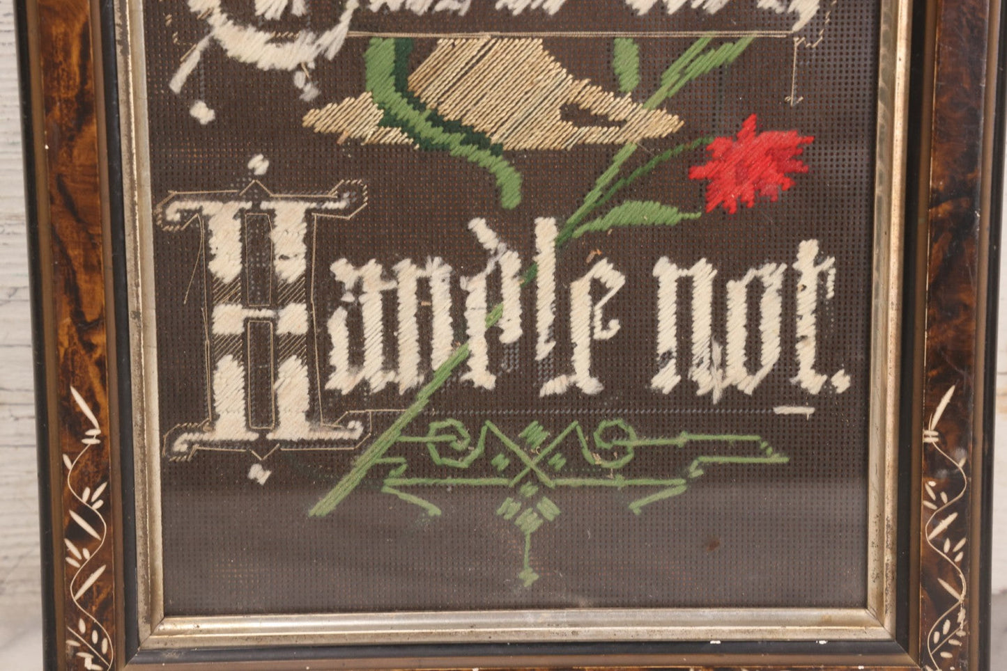 Lot 037 - Antique Victorian Framed Punchwork Embroidery Sampler With Temperance Motto "Touch Not, Taste Not, Handle Not" With Chalice, Serpent, And Floral Motifs, 10-7/8" x 23-1/4"