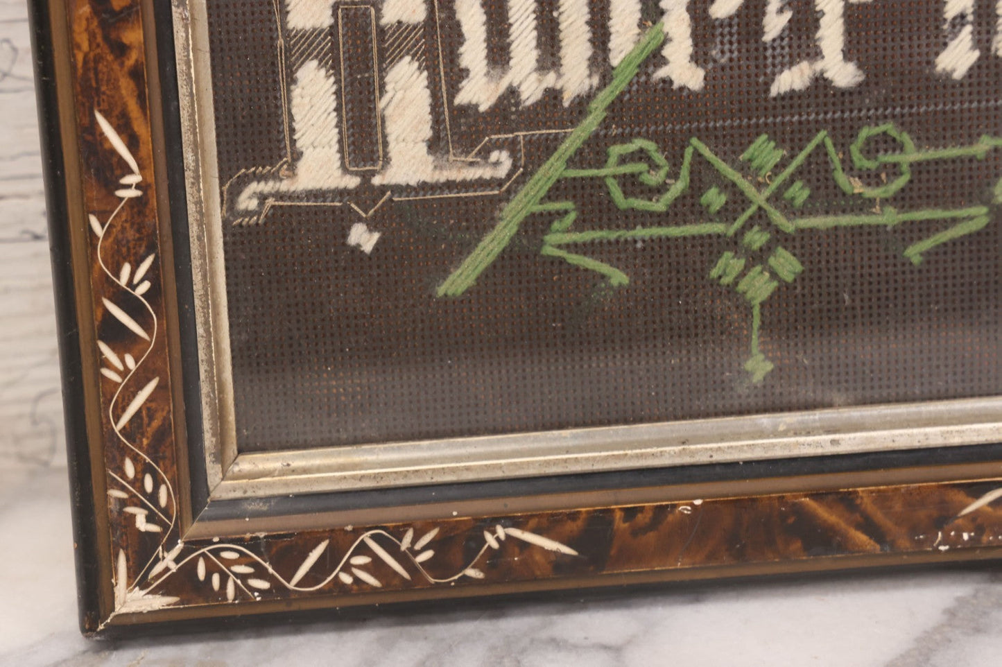 Lot 037 - Antique Victorian Framed Punchwork Embroidery Sampler With Temperance Motto "Touch Not, Taste Not, Handle Not" With Chalice, Serpent, And Floral Motifs, 10-7/8" x 23-1/4"