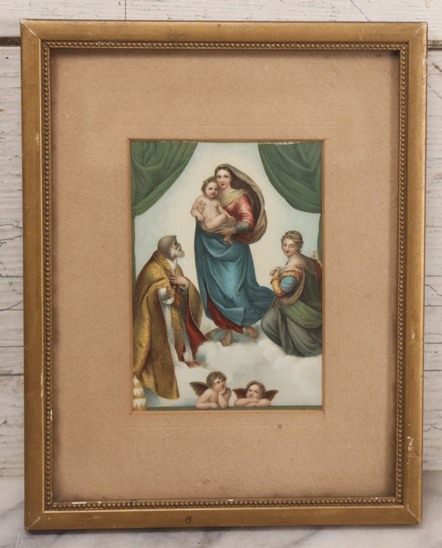 Lot 038 - Antique Hand Colored Print After Raffaello Santi "The Sistine Madonna" With Cherubs, Matted And Framed, 7-1/4" x 9-1/4"