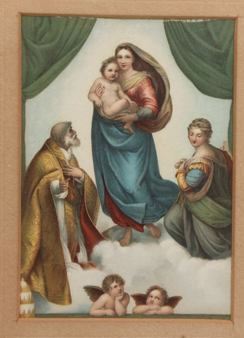 Lot 038 - Antique Hand Colored Print After Raffaello Santi "The Sistine Madonna" With Cherubs, Matted And Framed, 7-1/4" x 9-1/4"