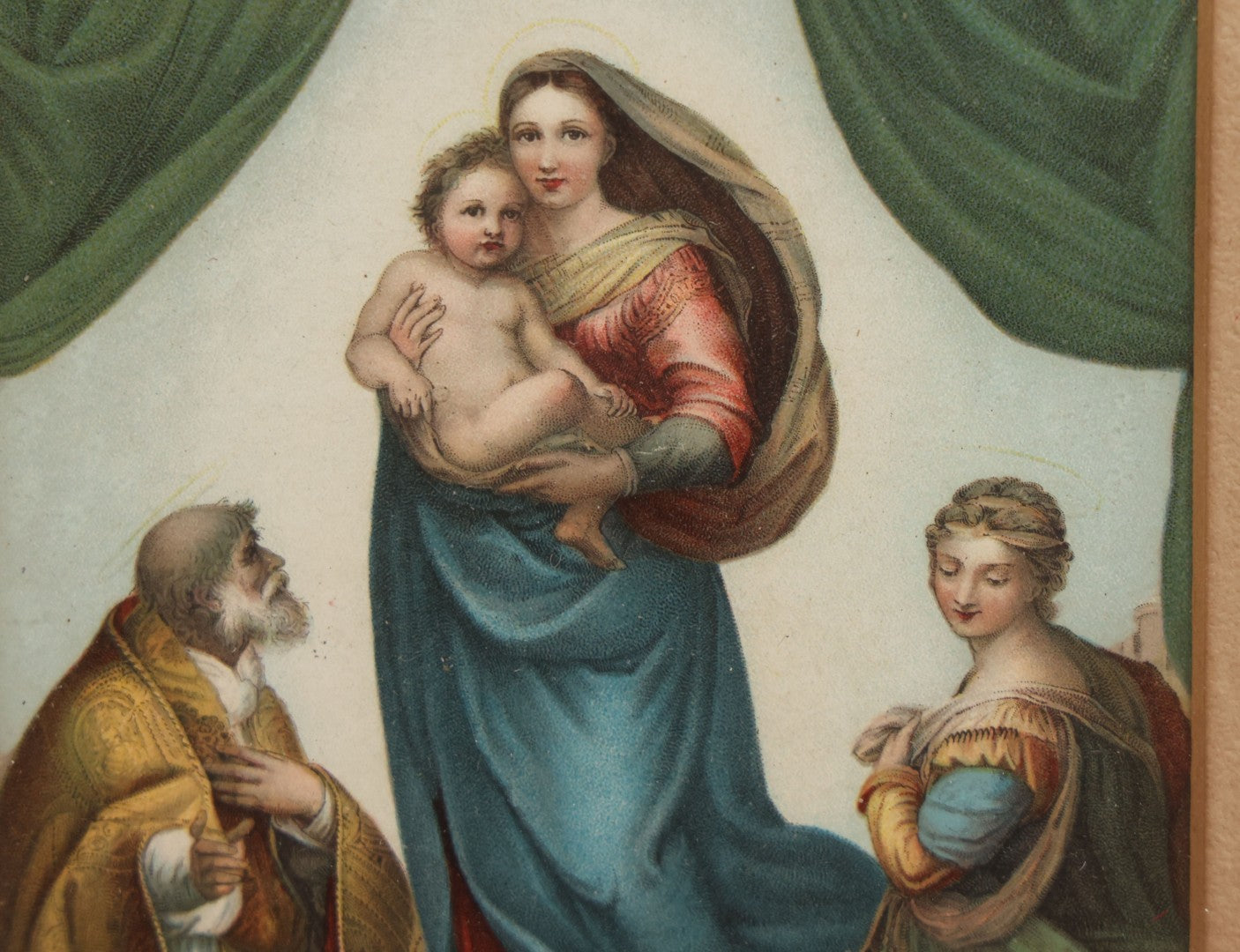 Lot 038 - Antique Hand Colored Print After Raffaello Santi "The Sistine Madonna" With Cherubs, Matted And Framed, 7-1/4" x 9-1/4"