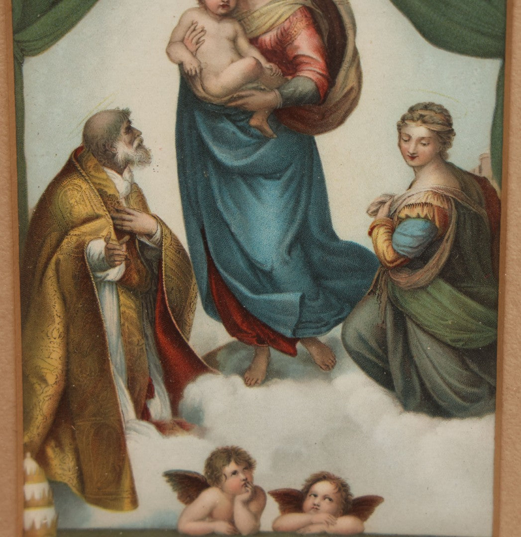 Lot 038 - Antique Hand Colored Print After Raffaello Santi "The Sistine Madonna" With Cherubs, Matted And Framed, 7-1/4" x 9-1/4"