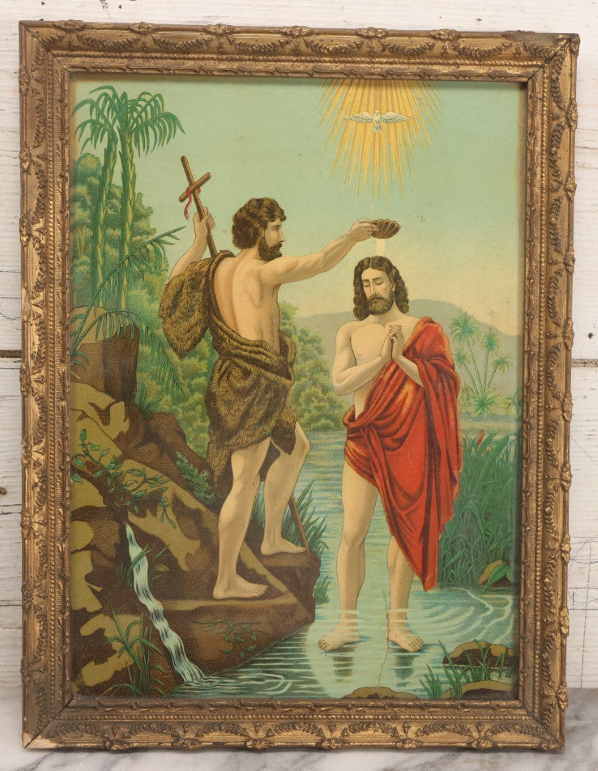 Lot 039 - Antique Framed Chromolithograph Print Depicting The Baptism Of Christ With John The Baptist And Dove Of The Holy Spirit, 12-3/4" x 16-1/2"