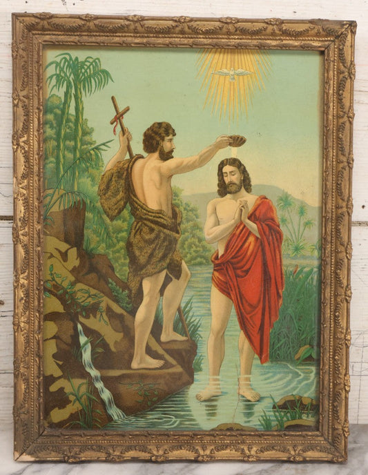 Lot 039 - Antique Framed Chromolithograph Print Depicting The Baptism Of Christ With John The Baptist And Dove Of The Holy Spirit, 12-3/4" x 16-1/2"