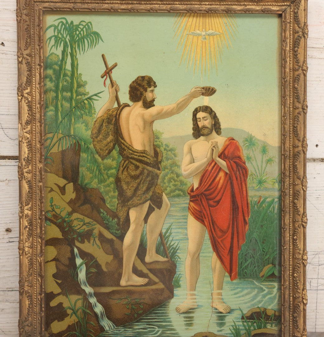 Lot 039 - Antique Framed Chromolithograph Print Depicting The Baptism Of Christ With John The Baptist And Dove Of The Holy Spirit, 12-3/4" x 16-1/2"