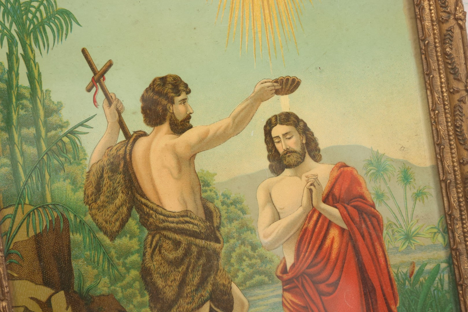 Lot 039 - Antique Framed Chromolithograph Print Depicting The Baptism Of Christ With John The Baptist And Dove Of The Holy Spirit, 12-3/4" x 16-1/2"